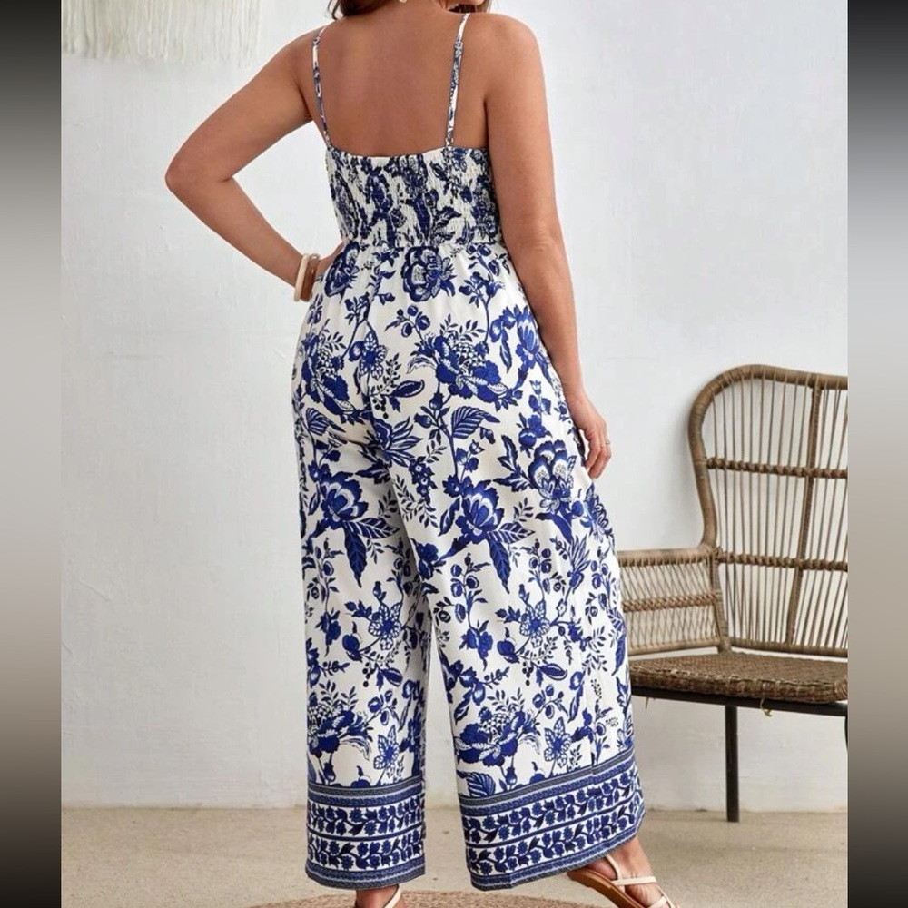Bohemian Boho Plus Size Floral Paisley Smocked Wide Leg Pants Jumpsuit - Picture 2 of 4